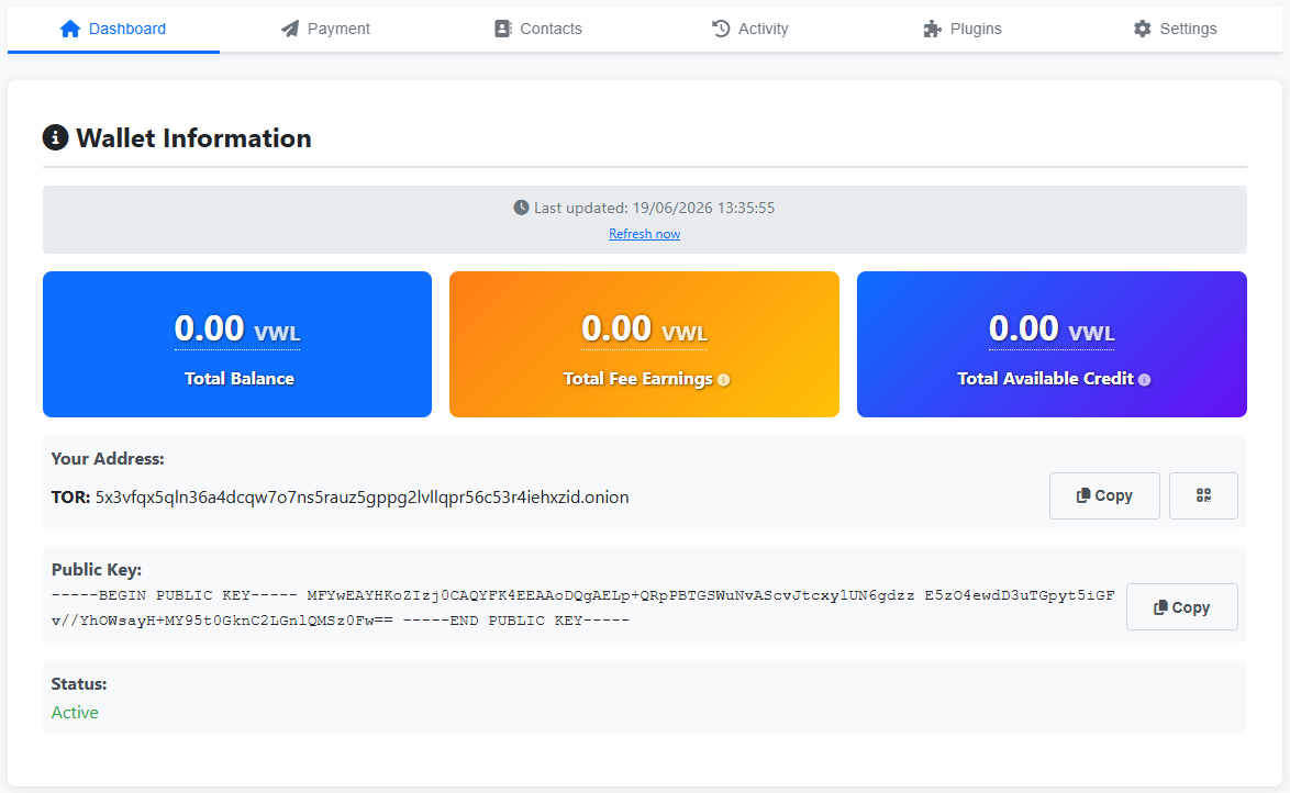 Carol's Dashboard — Wallet Information panel with Total Balance, Total Fee Earnings, and Total Available Credit all at 0.00 VWL; her .onion address and public key visible; Status Active